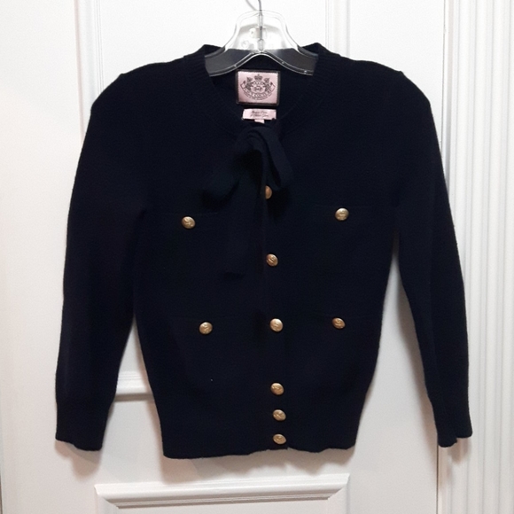 Juicy navy cardigan with gold buttons and neck tie